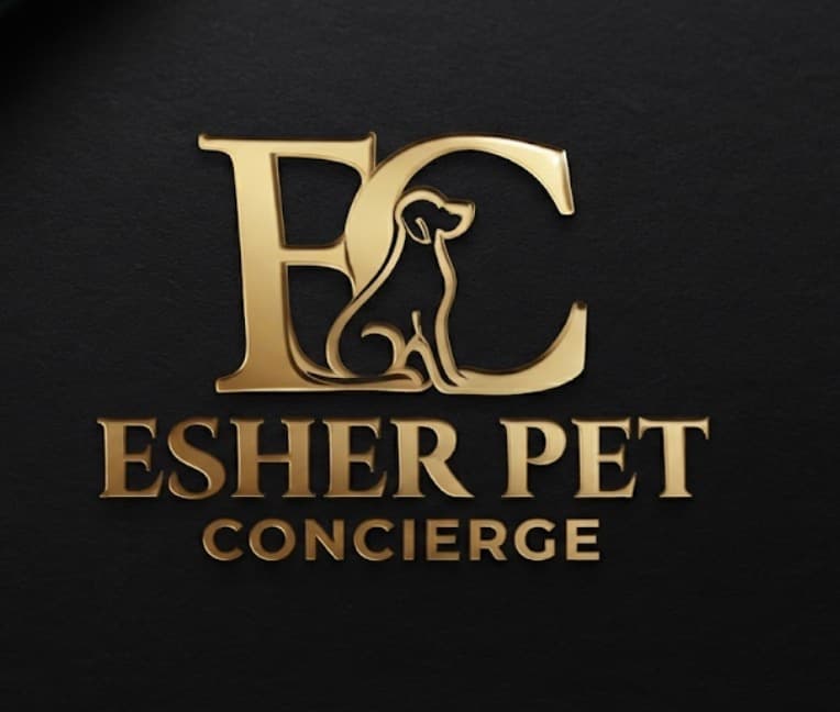 Gold metallic logo for Esher Pet Concierge with a dog silhouette integrated into the letters.
