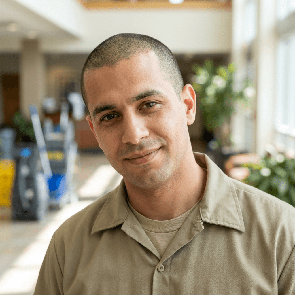 Male pet owner in his mid 40s, White, calm friendly expression