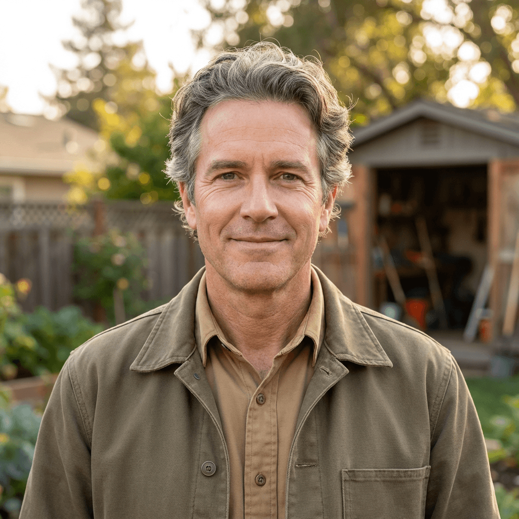 Man in his early 50s in a tidy garden with a steady look
