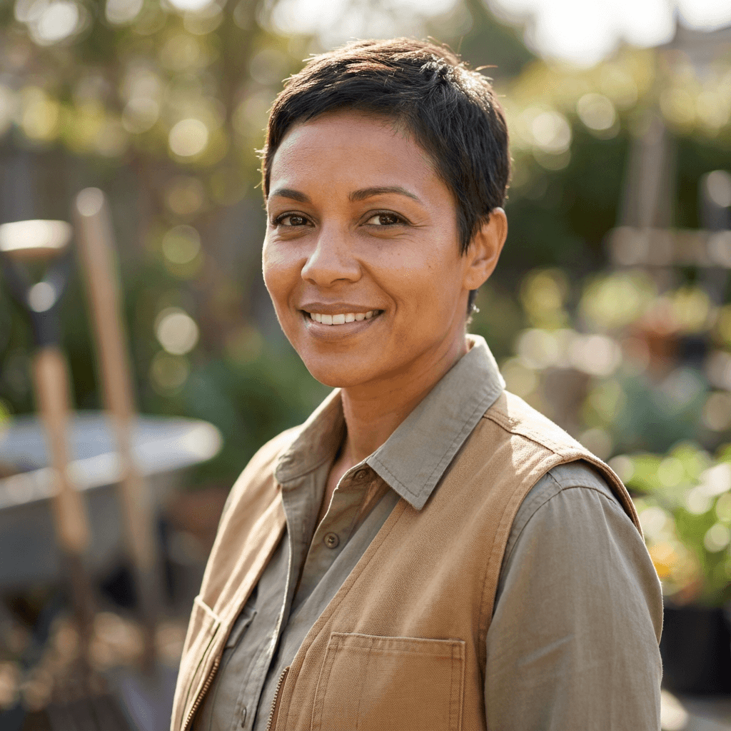 Woman in her early 40s smiling in a refined home setting