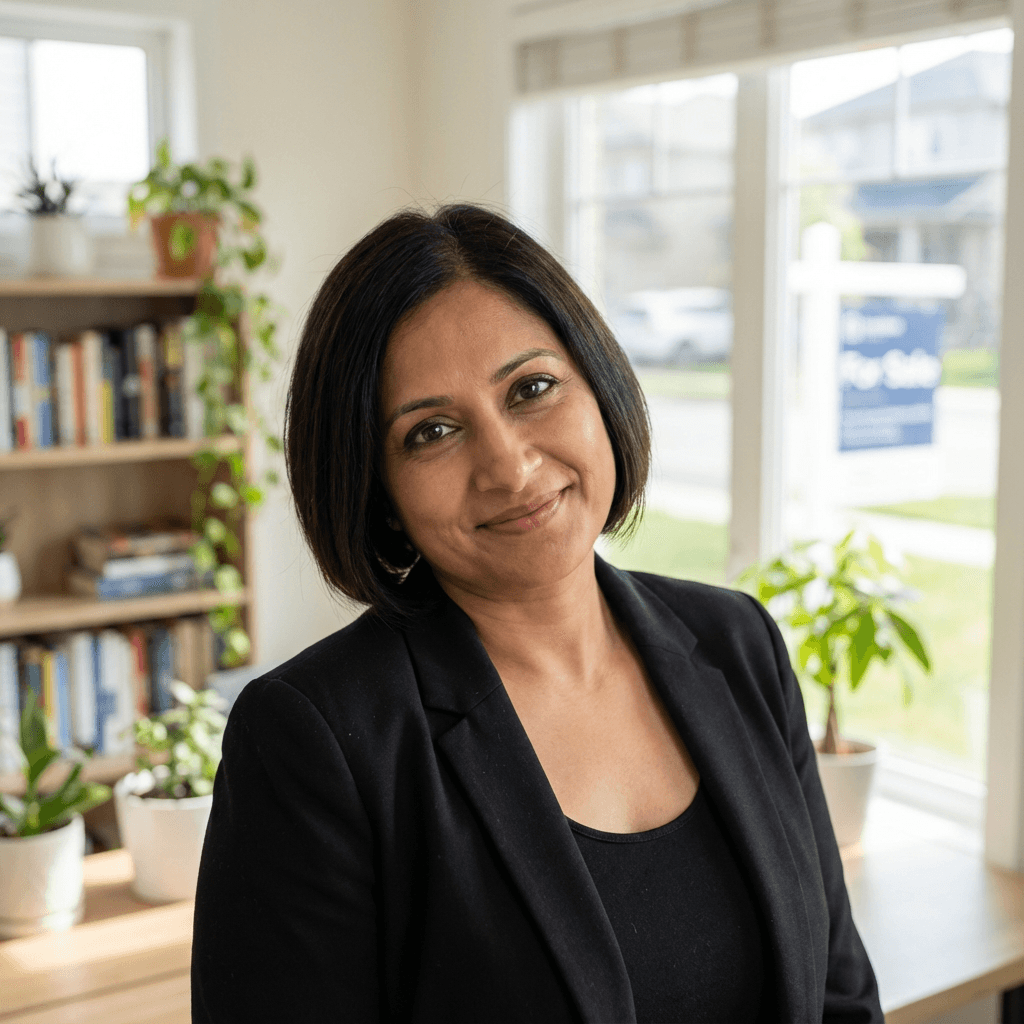 Woman in her mid 50s in an elegant living room, poised and assured