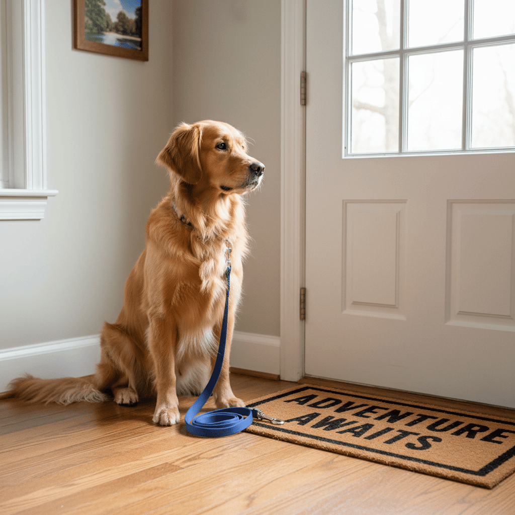 Golden retriever sitting patiently by front door
