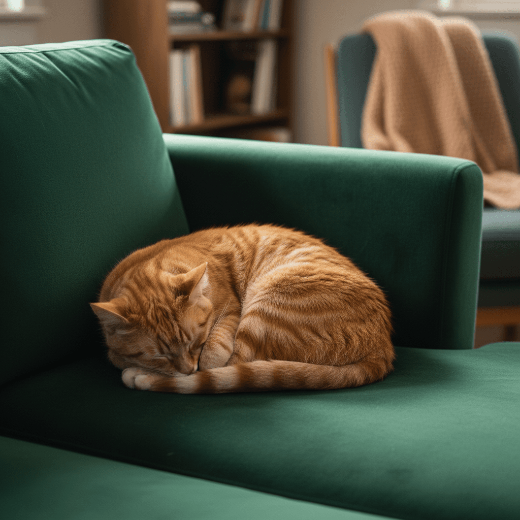 Tabby cat curled up sleeping on a velvet sofa