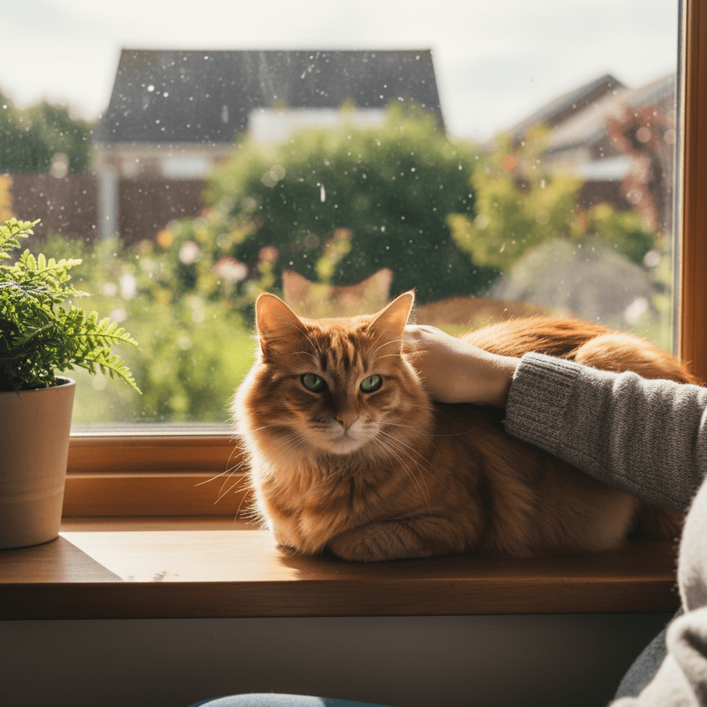 Person gently stroking a cat perched on a windowsill in a bright home