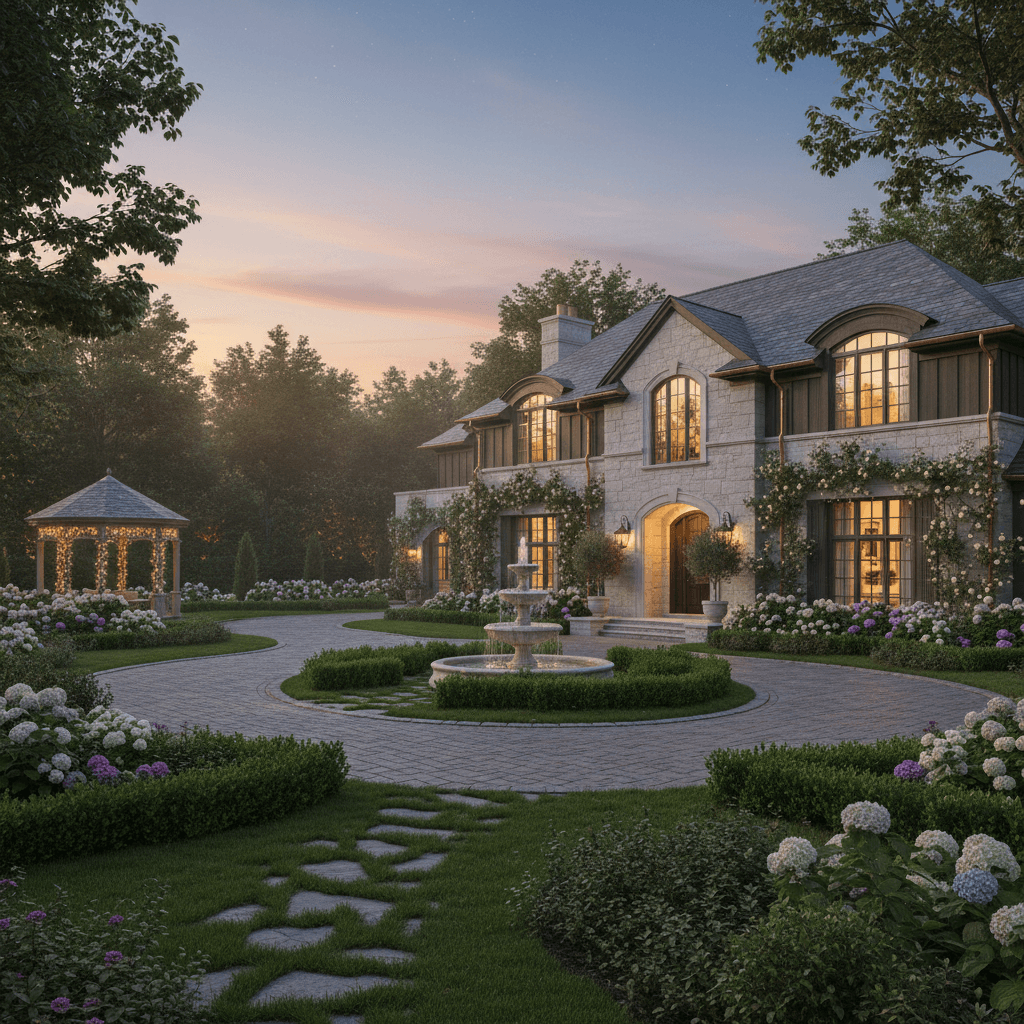 Elegant home exterior with a manicured garden bathed in soft evening light