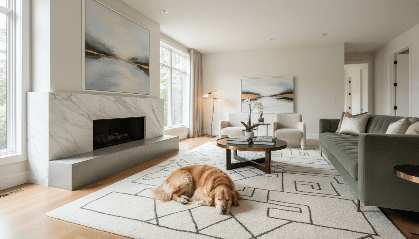 A calm, elegant living room with a dog resting on a rug