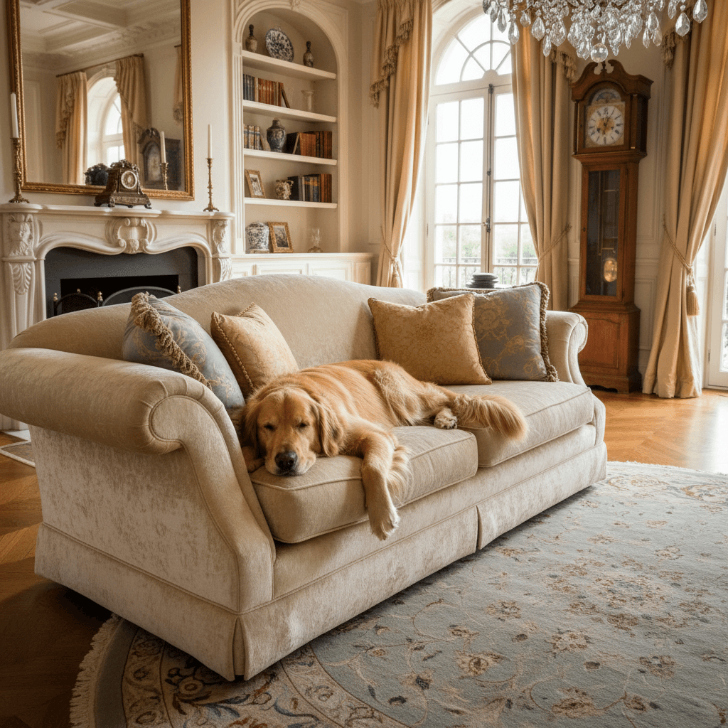Golden retriever resting comfortably on a plush sofa in a refined living room