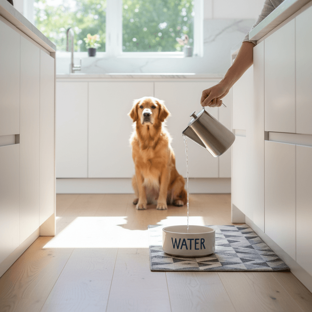 Fresh water being poured for a pet in a modern kitchen