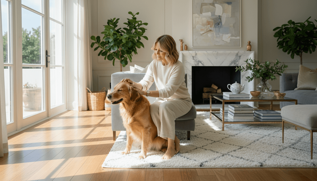 Person gently petting a dog in a bright luxurious living room