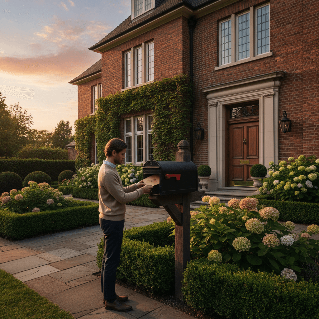 Person checking mailbox outside an upscale home