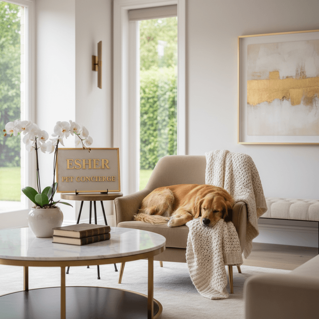 Golden retriever resting on a cozy blanket in an elegant living room