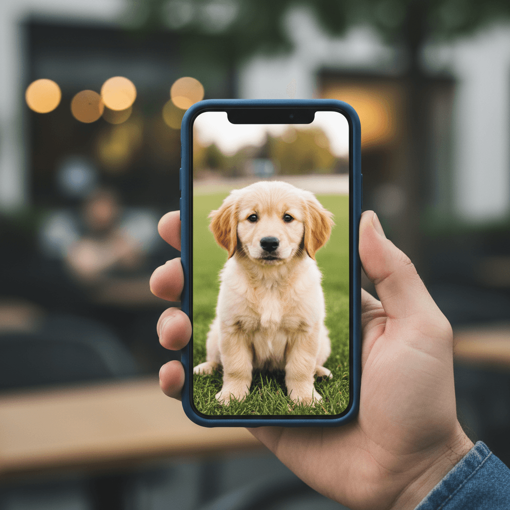 Hand holding smartphone displaying a pet photo