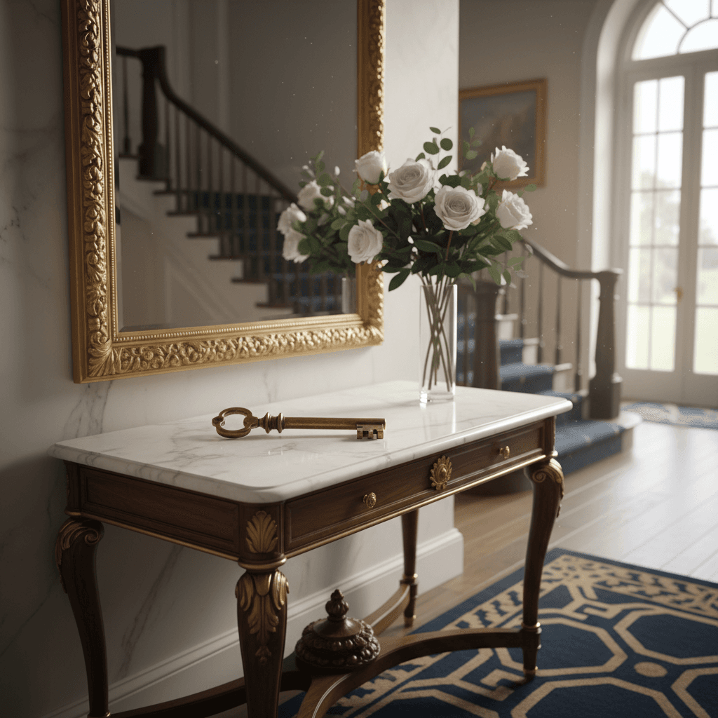 House key resting on marble table in elegant entryway