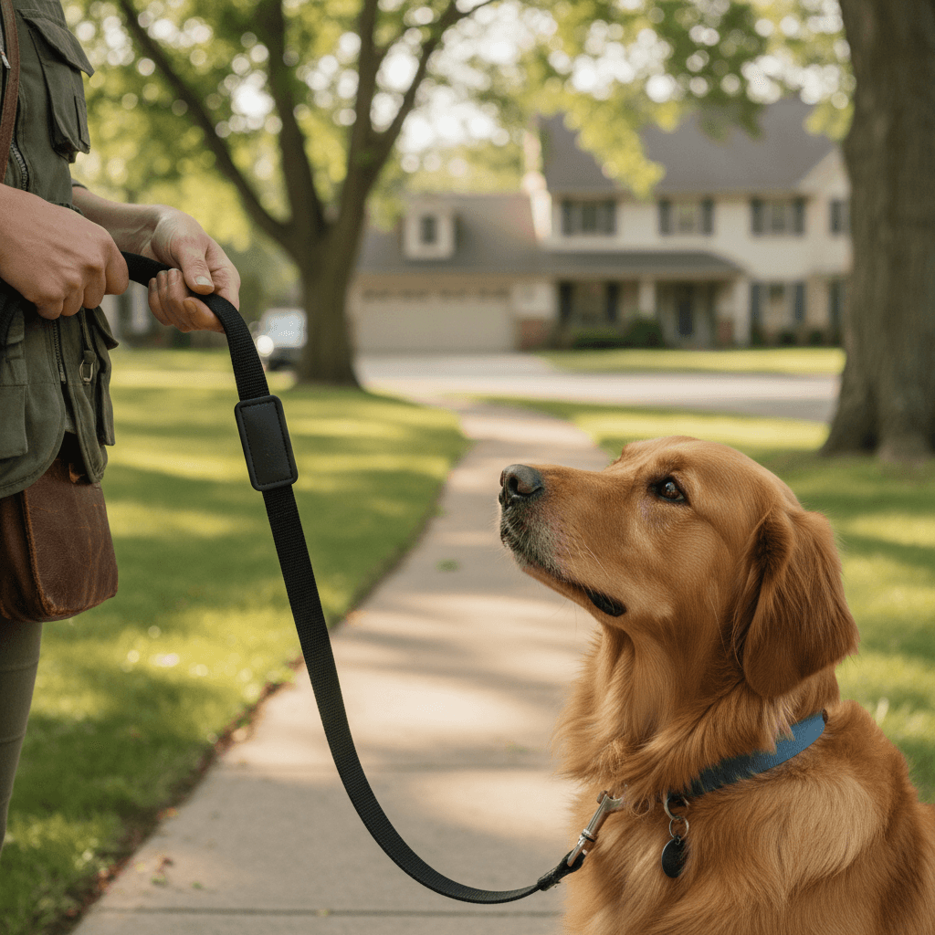 Person walking a dog on a leash through a quiet neighborhood street