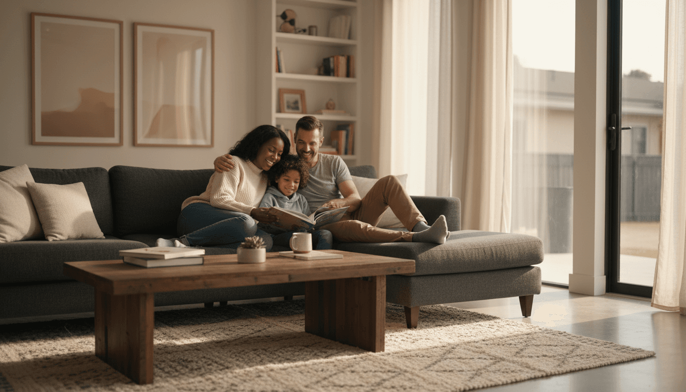 Warm living room interior with comfortable sofa and soft natural light