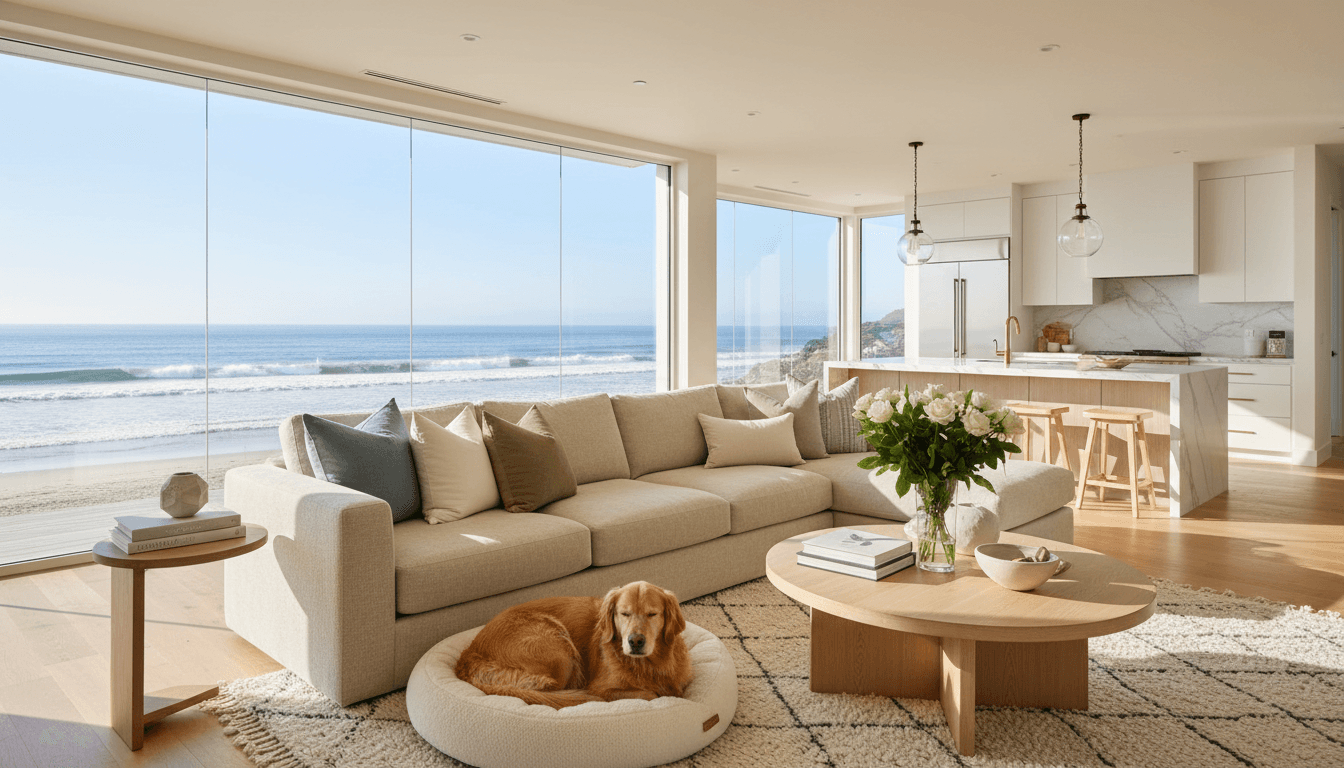 Expensive modern home interior with large windows and a dog resting on a plush rug