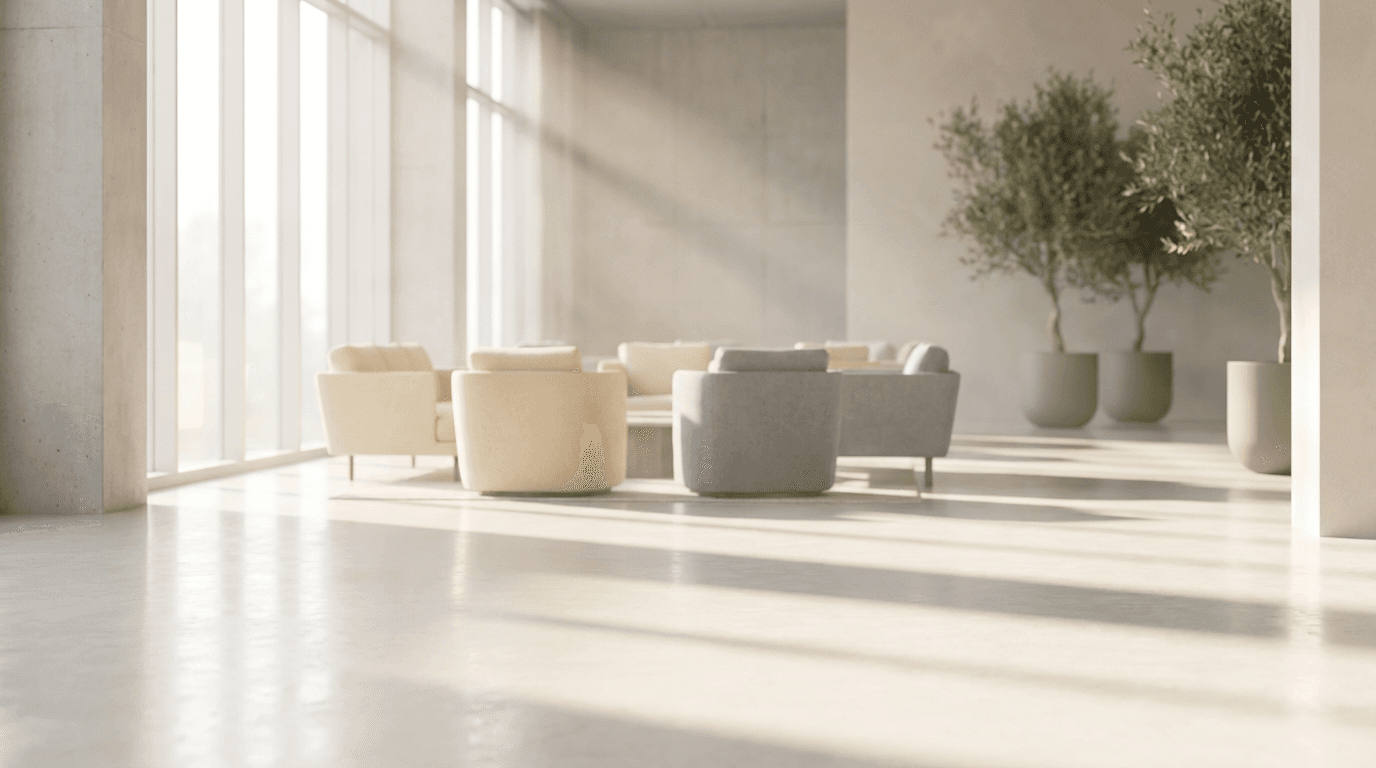 A serene, elegant living room with natural light streaming through large windows, a calm and comfortable atmosphere